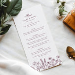 Menu Casamento de Borgonha Púrpura de Boho Wildflower E<br><div class="desc">Elevem seu dia especial com nosso maravilhoso Menu Boho Wildflower Wedding, extraordinariamente projetado para complementar sua celebração romântica. Esse cardápio apresenta um arranjo delicado de flores silvestres pintadas à mão em tons de roxo e burgundy, criando uma vibração botânica encantadora que captura a essência da elegância boho. A paleta de...</div>