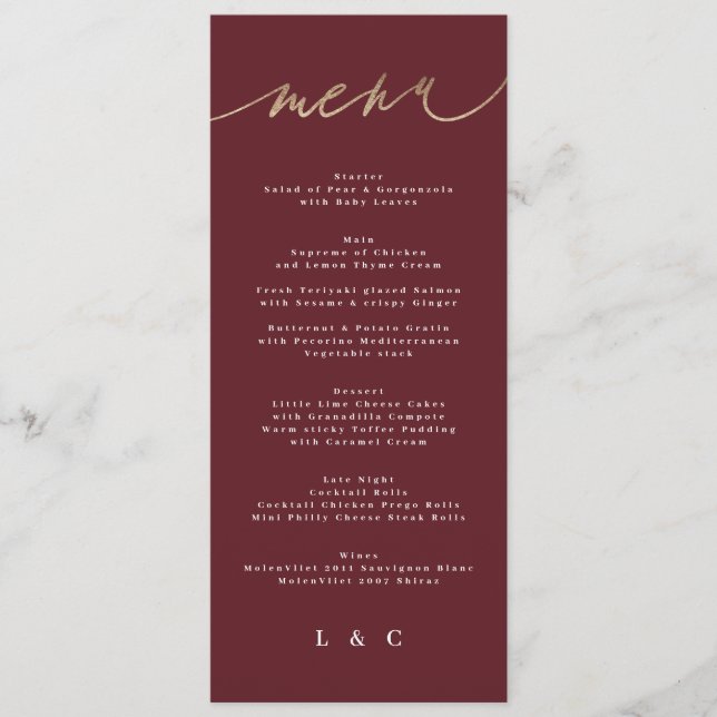 Menu Casamento de Borgonha Vermelha Negra-Escura Maroon (Frente)