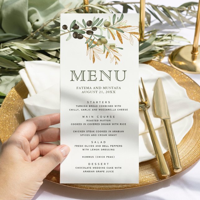 Menu Casamento de Branch Dourado com Folhas de Oliveira (Criador carregado)