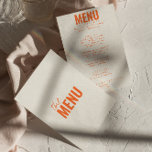 Menu Casamento de Brincadeira Clássica Moderna Brilhant<br><div class="desc">Um retro fedorento,  moderno e brilhante menu de janto de casamento. Que apresenta o design modelo chic do fundo cremoso vintage e a tipografia laranja e o menu escrito à mão em laranja. Perfeito e compatível com toda a suíte.</div>