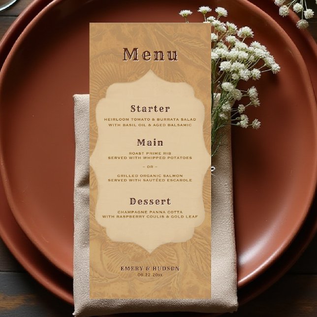 Menu Casamento de Bronze Rústico Terracota com Trabalho (country rustic cowboy wedding menu faux tooled leather terracotta bronze rust copper western barn)