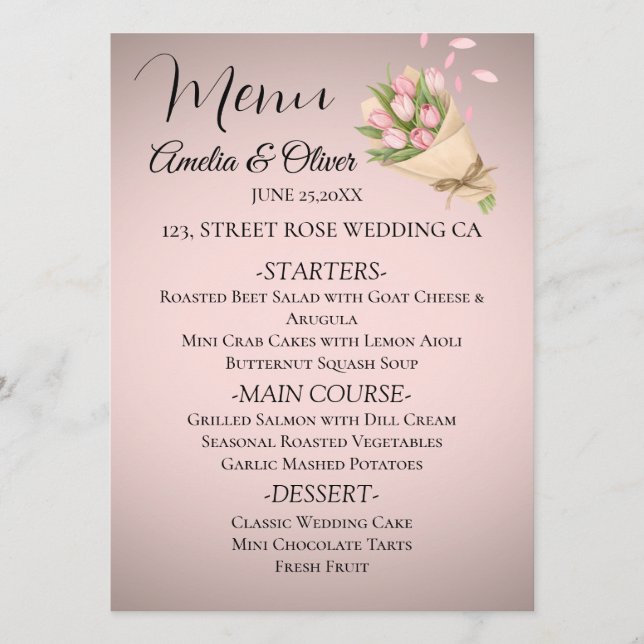 Menu Casamento de Buquê de Tulipas Rosa Elegante (Frente)