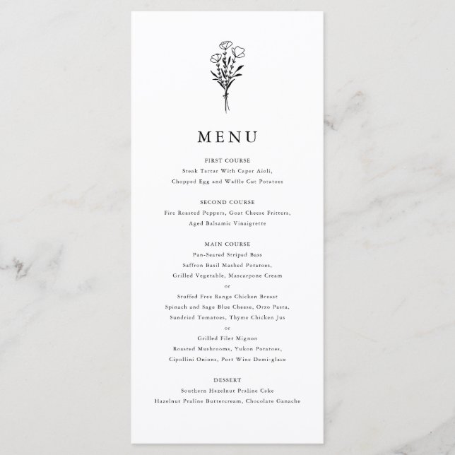 Menu Casamento de Buquê Floral Mínimo Moderno Negro (Frente)