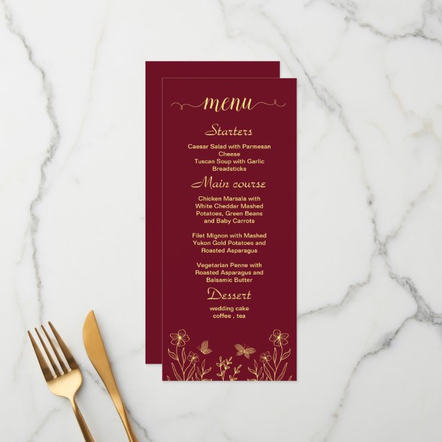 Menu Casamento de burgundy com flores de ouro simples (Frente/Verso In Situ)