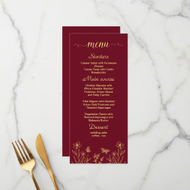 Menu Casamento de burgundy com flores de ouro simples