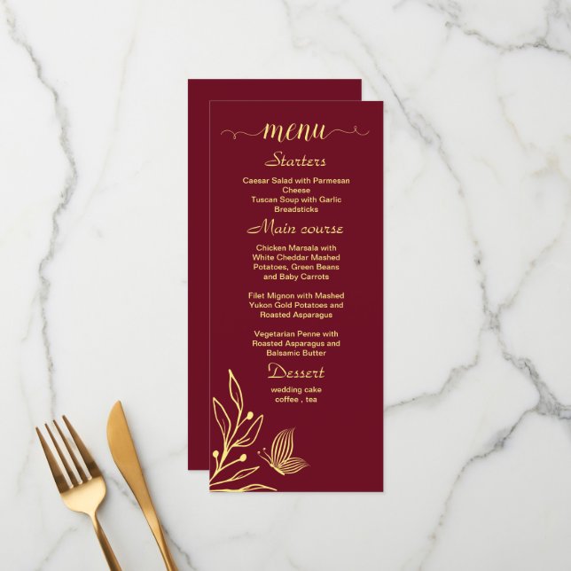 Menu Casamento de burgundy com flores de ouro simples (Frente/Verso In Situ)