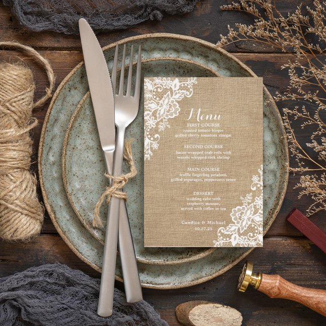 Menu Casamento De Burlap E Lace Rustic Country (Criador carregado)