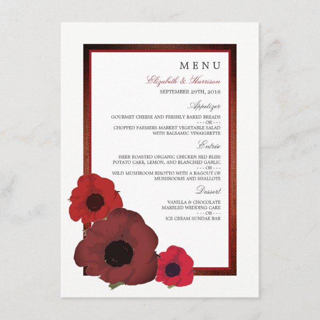 Menu Casamento de Burlap Poppies Vermelhos (Frente)