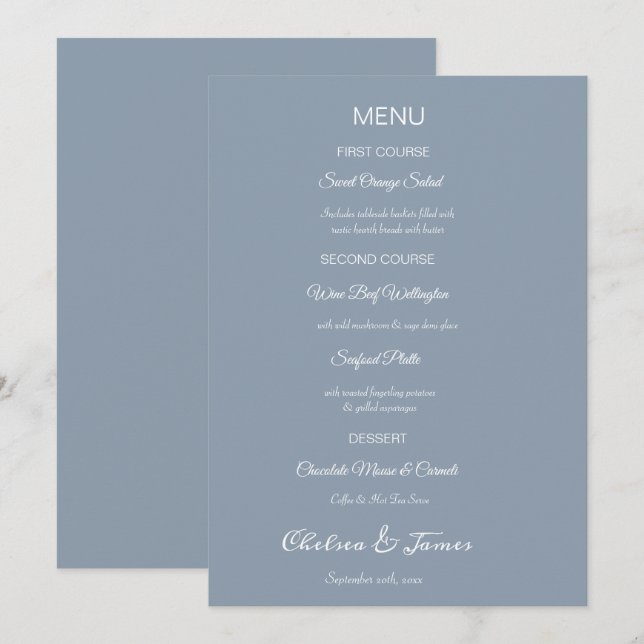 Menu Casamento de Caligrafia Azul com Elegante Personal (Frente/Verso)
