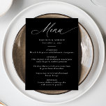 Menu Casamento de Caligrafia Branca e Negra Elegante Mo<br><div class="desc">Este elegante cardápio de casamento exibe a palavra "Menu" em uma caligrafia branca graciosa contra um fundo preto-e-branco, oferecendo uma aparência sofisticada para seu dia especial. Personalize-o adicionando seus nomes, data de casamento e um menu detalhado em letras brancas em negrito. A design moderna, simples e elegante é perfeita para...</div>