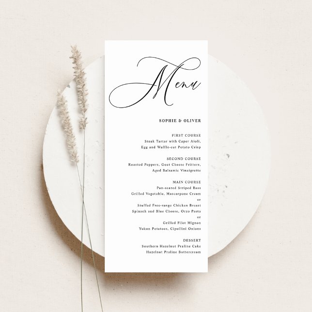 Menu Casamento de Caligrafia Caprichosa Preta (Featuring the beautiful Whimsical Calligraphy Wedding Menu Card.)