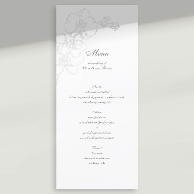Menu Casamento de Caligrafia Clássica com Orquídea Embr (formal wedding menu card faux embossed orchid floral modern classic traditional calligraphy)