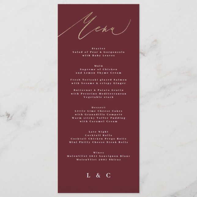 Menu Casamento de Caligrafia com Borgonha Vermelha Eleg (Frente)