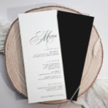 Menu Casamento de Caligrafia de Luxo Elegante<br><div class="desc">Este Menu Negra-Branca combina caligrafia de luxo com texto simples e limpo para um olhar refinado e elegante. Personalizado com os nomes dos casais e a data do casamento,  adiciona um toque de sofisticação a qualquer cenário de mesa,  fazer perfeito para casais que apreciam eterno,  design clássico.</div>