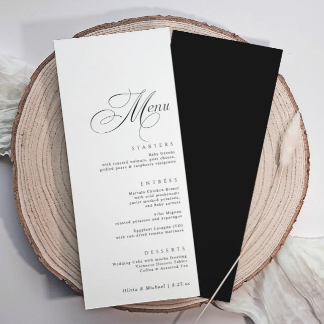 Menu Casamento de Caligrafia de Luxo Elegante (Elegant calligraphy wedding menus with ornate calligraphy and black back.)