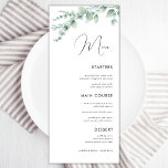 Menu Casamento de Caligrafia Delicada Eucalyptus Waterc<br><div class="desc">Este elegante menu de casamento,  com texto personalizado,  aquarela eucalipto e fundo branco limpo,  faria uma maravilhosa adição à sua festa! Altere facilmente o texto clicando na opção "personalizar este modelo".</div>