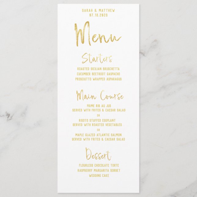 Menu Casamento de Caligrafia Dourada com Script Branco  (Frente)