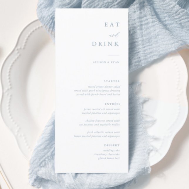 Menu Casamento de Caligrafia Elegante Azul Dusty (Criador carregado)