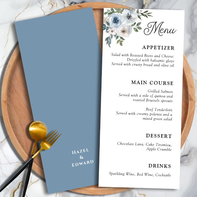 Menu Casamento de Caligrafia Floral Azul Elegante (Elegant Dusty blue Floral Calligraphy Wedding Menu)