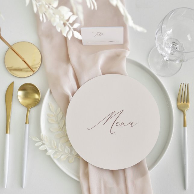 Menu Casamento de Caligrafia Moderna e Elegante em Ivor (Round Elegant Modern Ivory Calligraphy Wedding Menu)