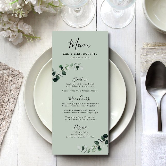 Menu Casamento de Caligrafia Romântica Eucalyptus Sage (Eucalyptus Sage Romantic Calligraphy Wedding Menu)