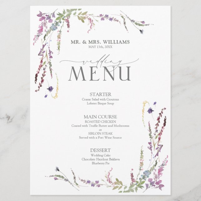 Menu Casamento de Caligrafia Roxo (Frente)