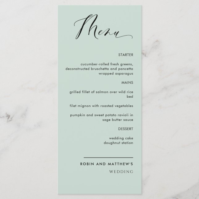 Menu Casamento de Caligrafia Verde Elegante/Recepção (Frente)