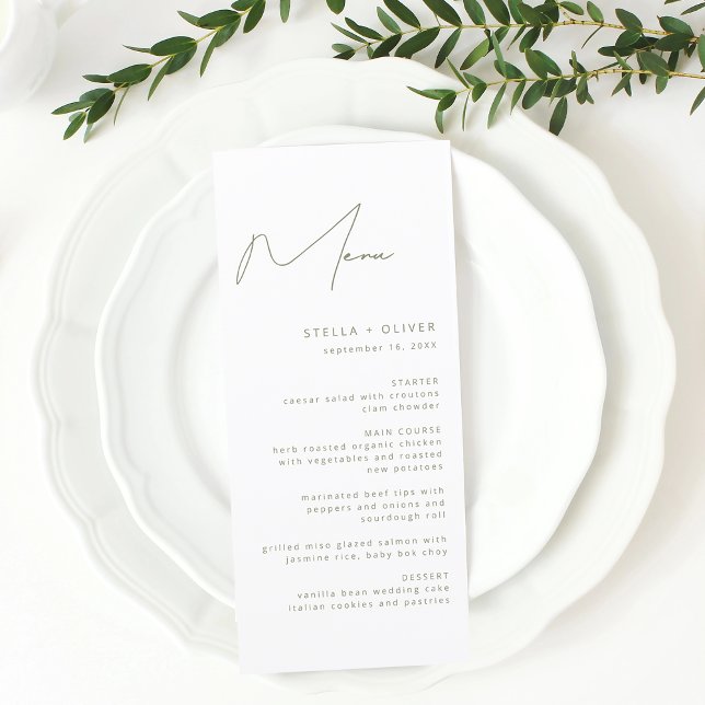 Menu Casamento de Caligrafia Verde Oliva Moderna (Modern Sage Green Calligraphy Wedding Menu)