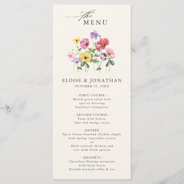 Menu Casamento de Campo de Flor Chic Floral Rustic Chic (Frente)