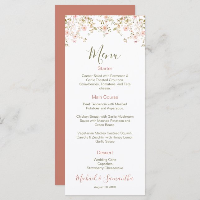 Menu Casamento de campo de Rosa selvagem (Frente/Verso)