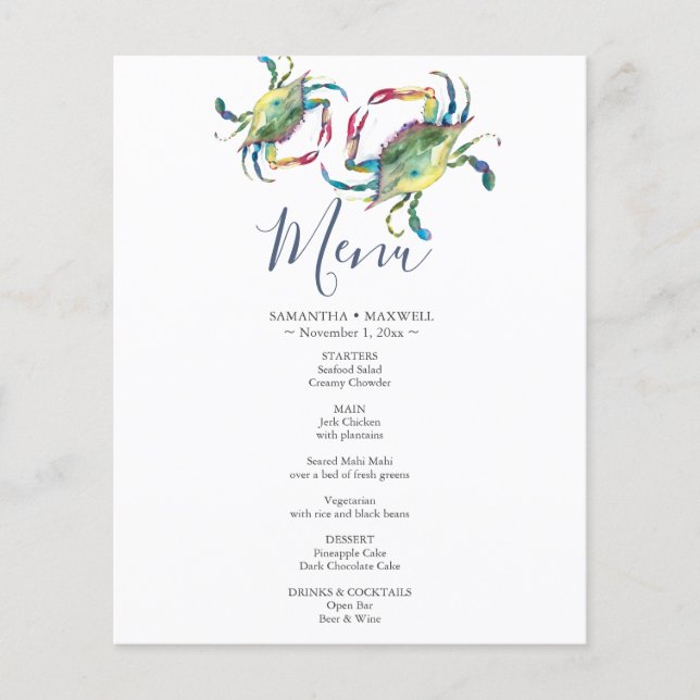 Menu Casamento de Caranguejo Azul com Aquarela (Frente)