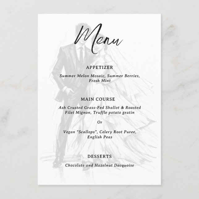 Menu Casamento de Casal de Esboço de Carvão de Moda Mod (Frente)