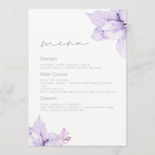 Menu Casamento De Casamento Floral Roxo De Aquarela (Frente)