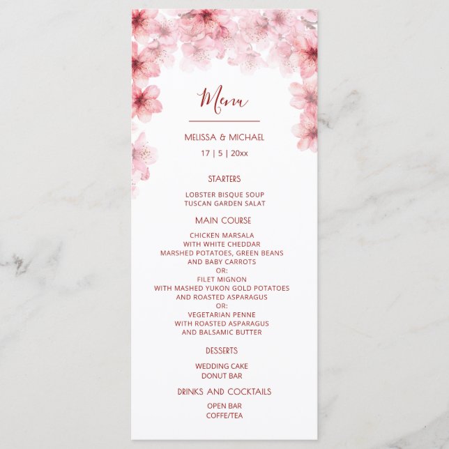 Menu Casamento de Cerejeira em Aquarela (Frente)