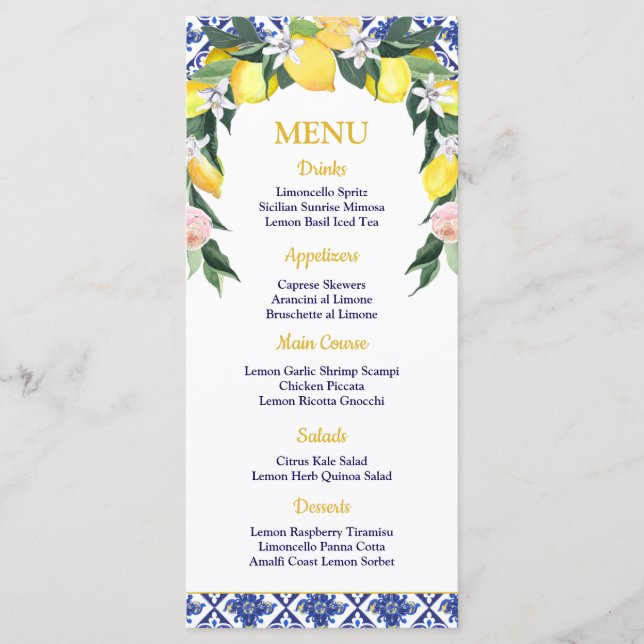 Menu Casamento de Chás de panela de Azulejos Italianos  (Frente)