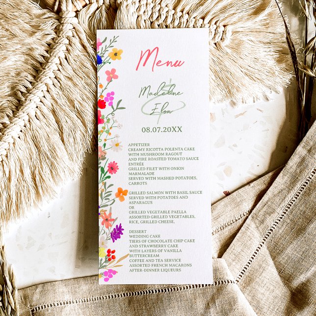 Menu Casamento de chic boho com flores silvestres brilh (Criador carregado)