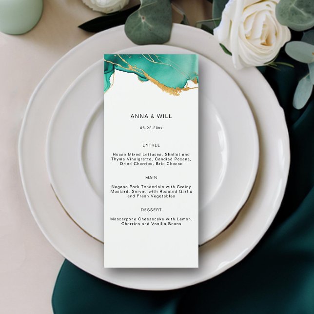 Menu Casamento de Chic na Praia Dourada de Teal Summer, (emerald green gold teal beach wedding menu summer waves modern elegant romantic bohemian)