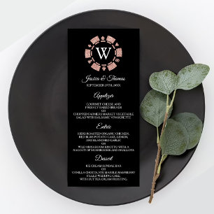 Menu Casamento de Chip Casino do Monograma Dourado com