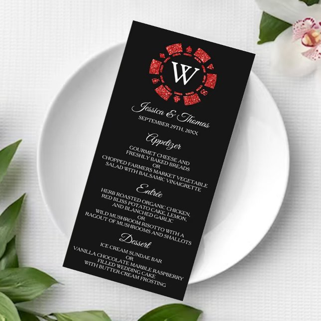 Menu Casamento de Chip Casino do Pôquer do Monograma Ve (Criador carregado)