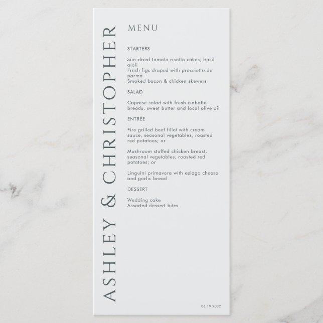 Menu Casamento de Cinzas Espaciais Modernas Elegante (Frente)