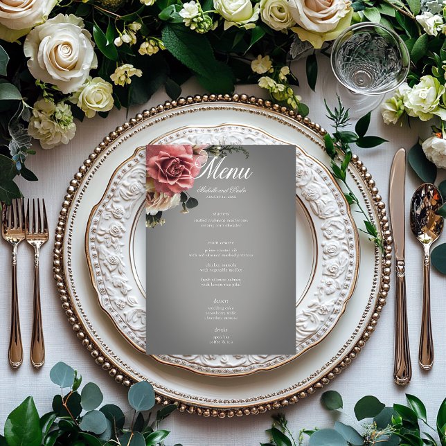 Menu Casamento de Cinzas Florais de Rosas Brancas Elega (Criador carregado)