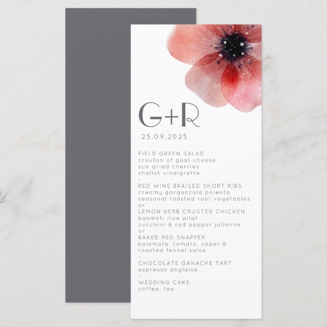 Menu Casamento de Cinzas Mínimas Elegante de Aquarela P (Frente/Verso)