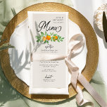 Menu Casamento de Citros com Laranja Três Cursos<br><div class="desc">Menu de casamento Orange Blossom com títulos em caligrafia elegante, laranjas, flor de laranja e verde em um fundo neutro. Fresco, zestidade, design natural para complementar um casamento de primavera ou verão com um tema de casamento de fruta laranja. Para coordenar convites, artigos de papelaria, dia de evento e decoração...</div>
