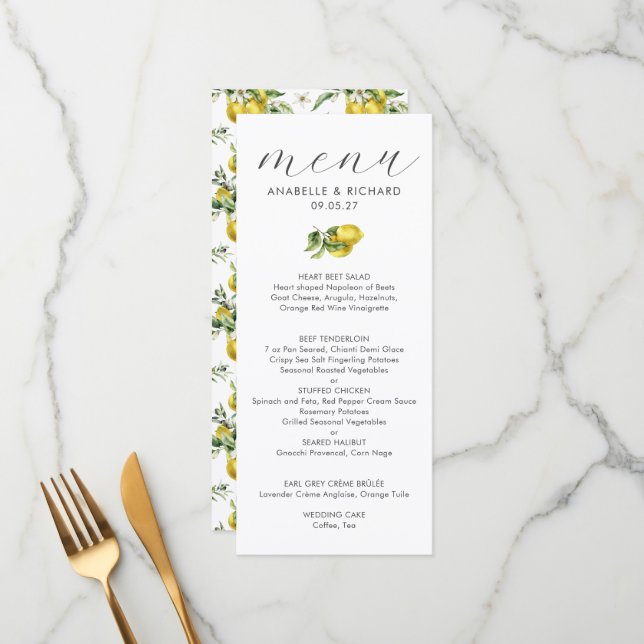 Menu Casamento de Citros de Limão Moderno com Aquarela (Frente/Verso In Situ)