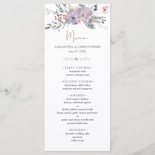 Menu Casamento de Cobre Violeta de Vidraça Selvagem (Frente)