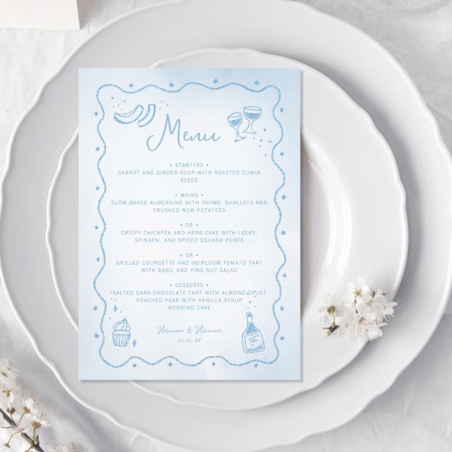 Menu Casamento de Comida Desenhada à Mão Azul Branco (Criador carregado)