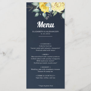 Menu Casamento de cor azul-d-água com rosas amarelas El