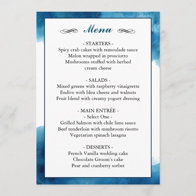 Menu Casamento de Cor Azul Elegante (Frente)