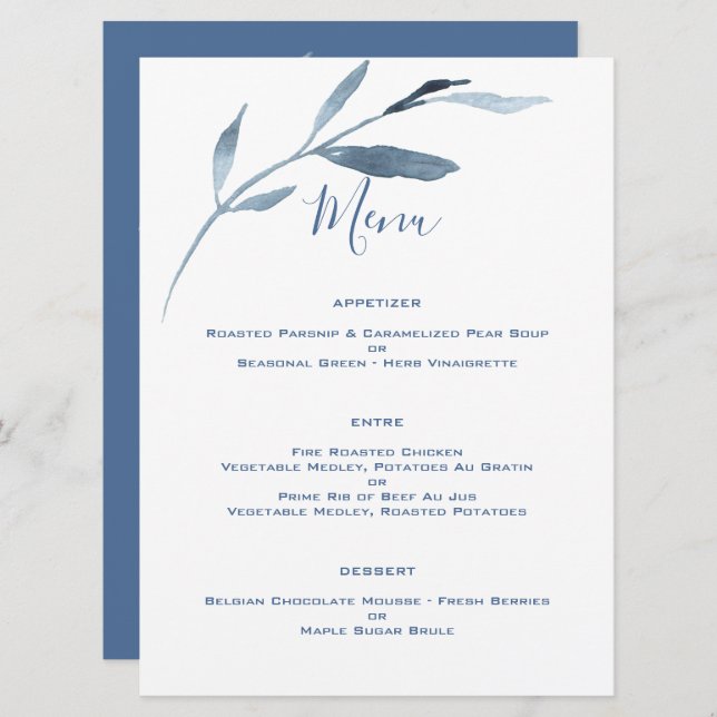Menu Casamento de Cor da Água Azul e Branca (Frente/Verso)