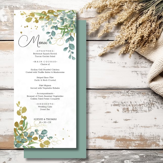 Menu Casamento de cor d'água de eucalipto verde e ouro (Criador carregado)